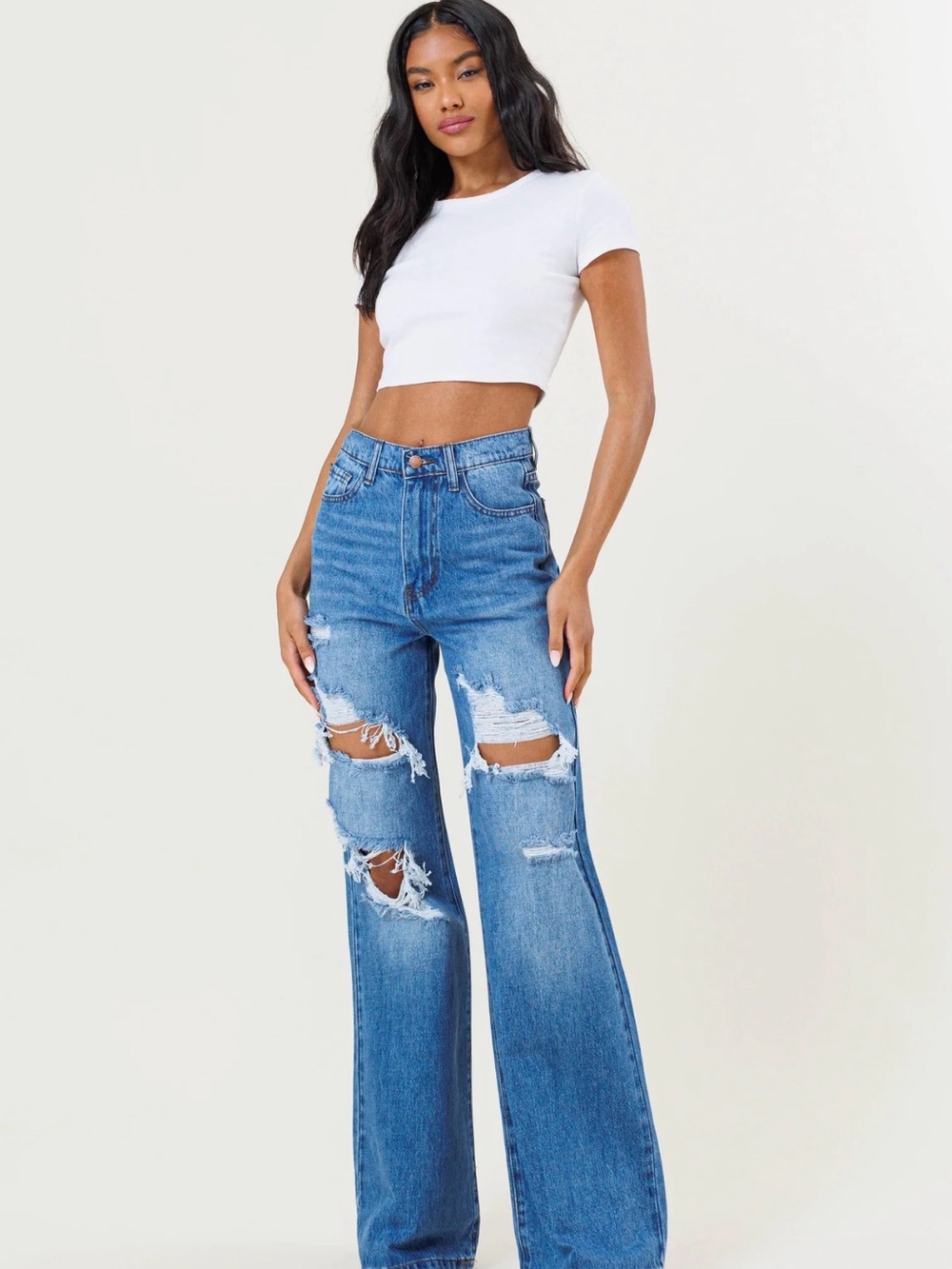 Vibrant Light Blue Distressed Wide-Leg Jeans